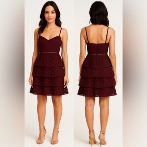Club Monaco Burgundy Eyelet Bustier Spaghetti Straps Tiered Dress Lined Size 0